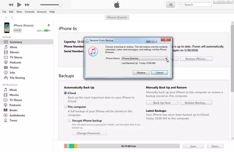 Restaurer la sauvegarde depuis iTunes